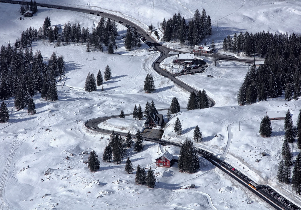 Winding road winter snow green