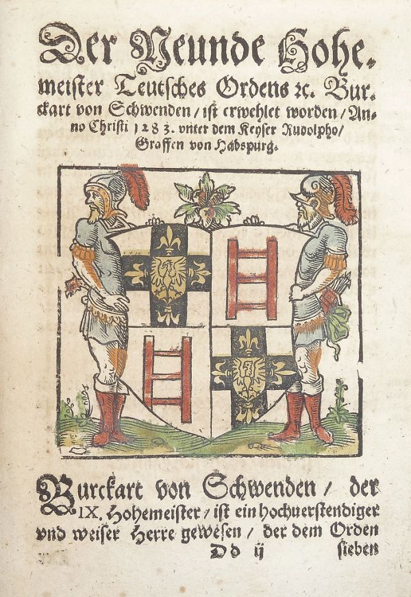 Woodcut arms of Burchard von Schwanden (hand-colored) used by Georg Osterberger of Königsberg [i.e. Kaliningrad]