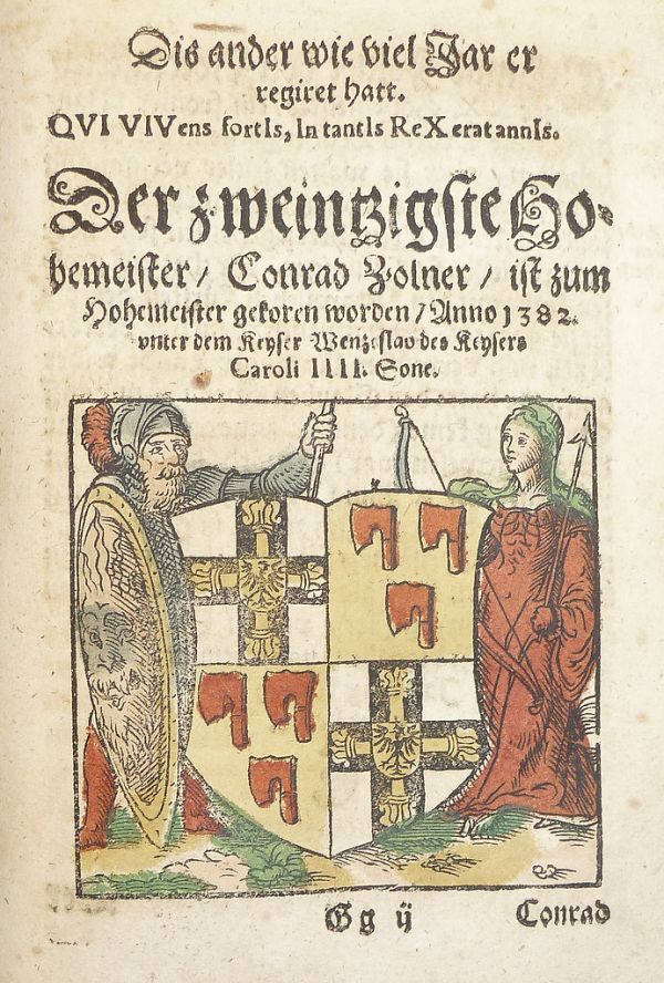 Woodcut arms of Conrad Zöllner von Rothenstein (hand-colored) used by Georg Osterberger of Königsberg [i.e. Kaliningrad]