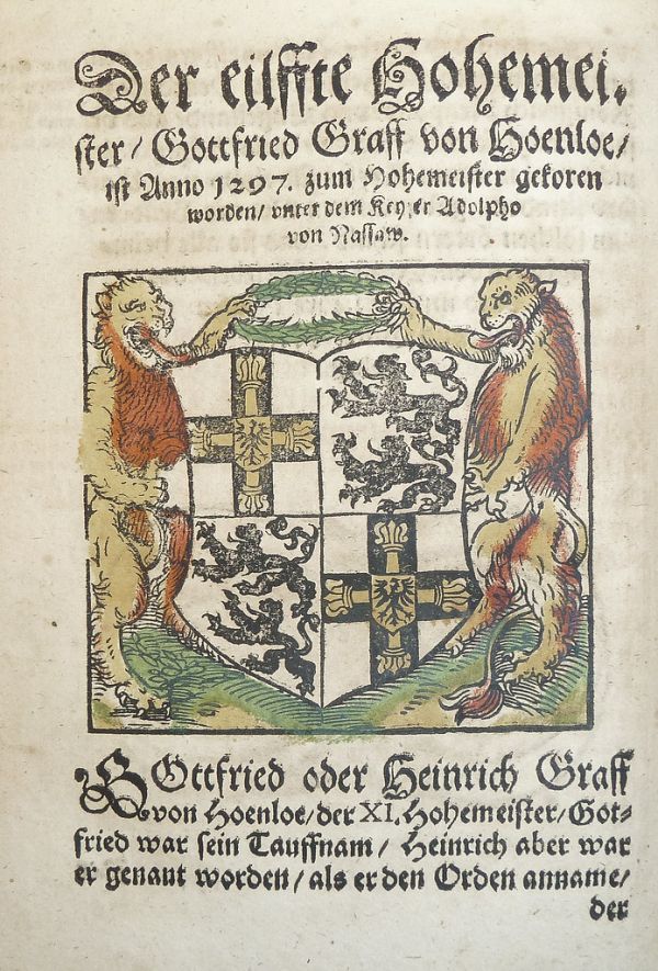 Woodcut arms of Gottfried von Hohenlohe (hand-colored) used by Georg Osterberger of Königsberg [i.e. Kaliningrad]