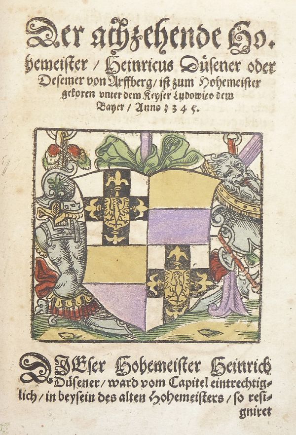 Woodcut arms of Heinrich Dusemer (hand-colored) used by Georg Osterberger of Königsberg [i.e. Kaliningrad]