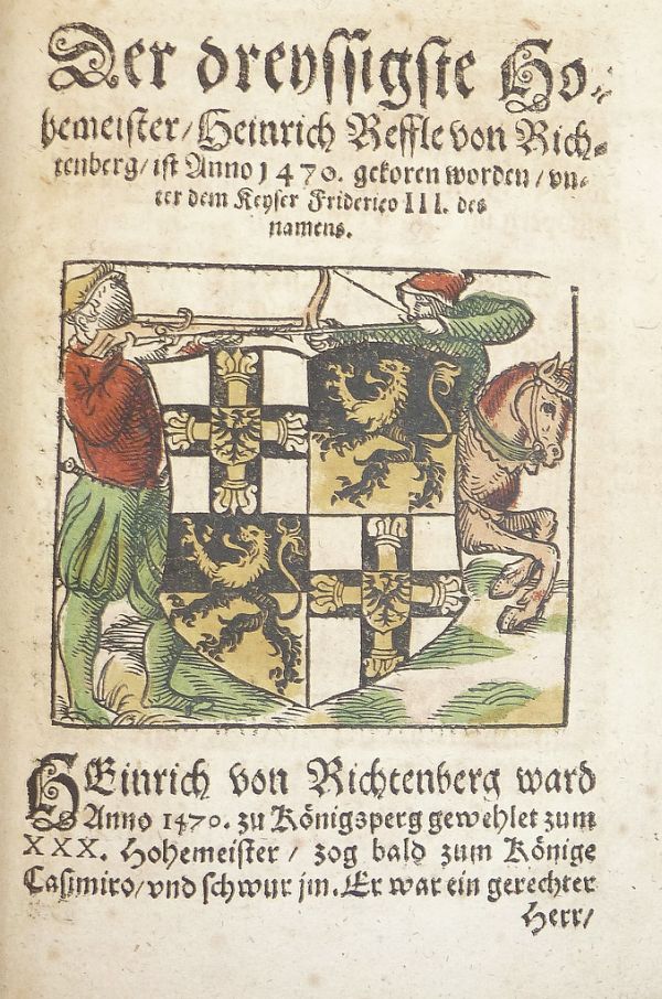 Woodcut arms of Heinrich Reffle von Richtenberg (hand-colored) used by Georg Osterberger of Königsberg [i.e. Kaliningrad]