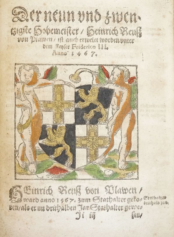 Woodcut arms of Heinrich Reuss von Plauen (hand-colored) used by Georg Osterberger of Königsberg [i.e. Kaliningrad]