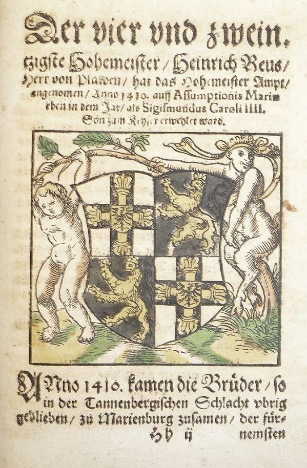 Woodcut arms of Heinrich von Plauen (hand-colored) used by Georg Osterberger of Königsberg [i.e. Kaliningrad]