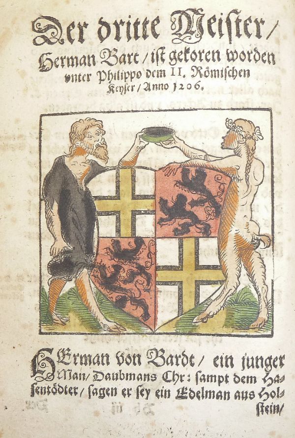 Woodcut arms of Heinrich von Tunna (hand-colored) used by Georg Osterberger of Königsberg [i.e. Kaliningrad]