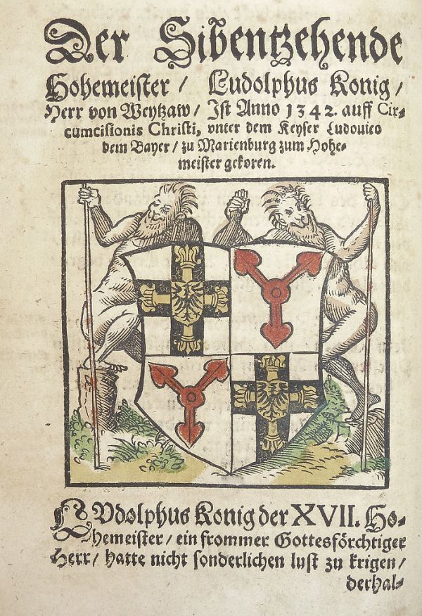 Woodcut arms of Ludolf König (hand-colored) used by Georg Osterberger of Königsberg [i.e. Kaliningrad]