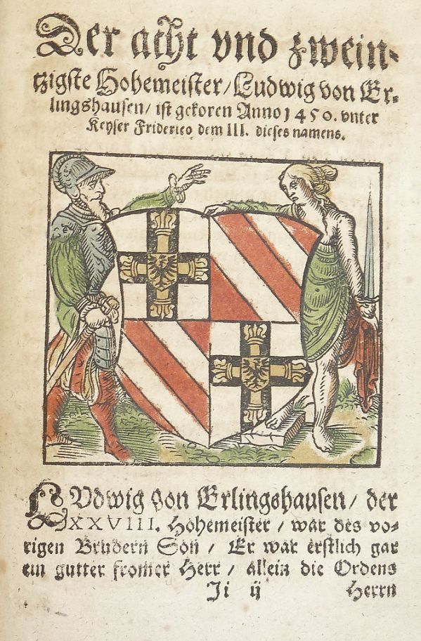 Woodcut arms of Ludwig von Erlichshausen (hand-colored) used by Georg Osterberger of Königsberg [i.e. Kaliningrad]