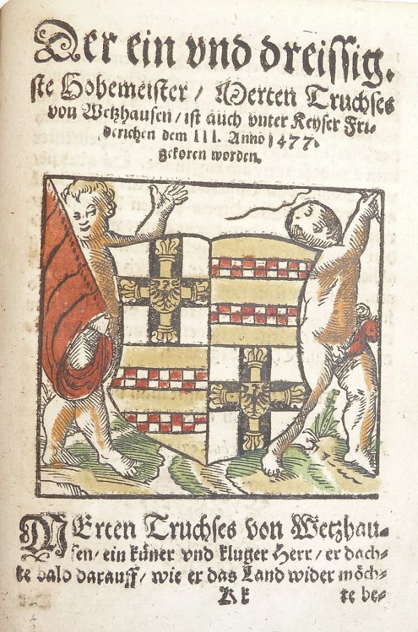 Woodcut arms of Martin Truchsess von Wetzhausen (hand-colored) used by Georg Osterberger of Königsberg [i.e. Kaliningrad]