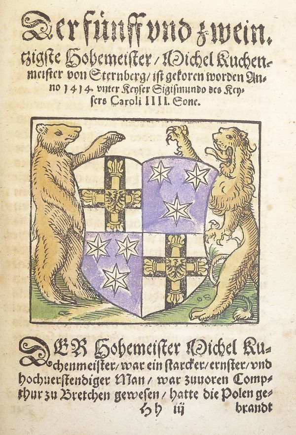 Woodcut arms of Michael Küchmeister (hand-colored) used by Georg Osterberger of Königsberg [i.e. Kaliningrad]