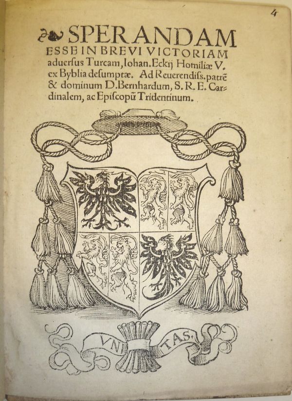 Woodcut coat of arms of Bernardo Clesio (1485-1539), Prince-Bishop of Trent. Used by Alexander Weissenhorn (I) of Augsburg.