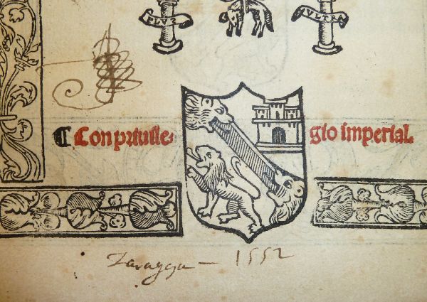 Woodcut coat of arms of Castilla y Leon with the imprint written beneath ('Zaragoza 1552')