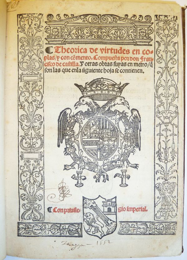 Woodcut coat of arms of Charles V, Holy Roman Emperor (1500-1558) at center; coat of arms of Castilla y León along lower border