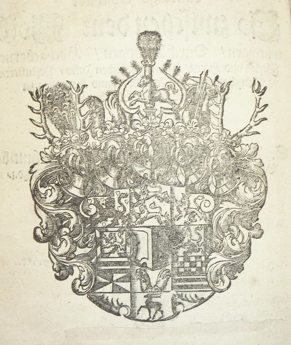 Woodcut coat of arms of Heinrich Julius, Duke of Brunswick-Wolfenbüttel (1564-1613). Used by Johann Stange of Wolfenbüttel