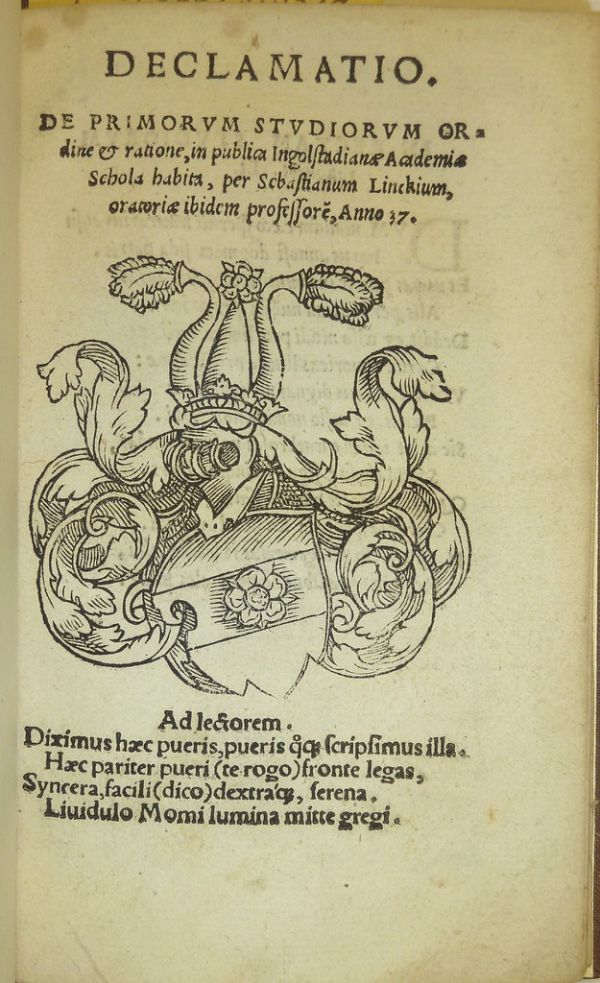 Woodcut coat of arms, possibly of Sebastian Linck, the author? Used by Johannes Petrejus of Nuremberg