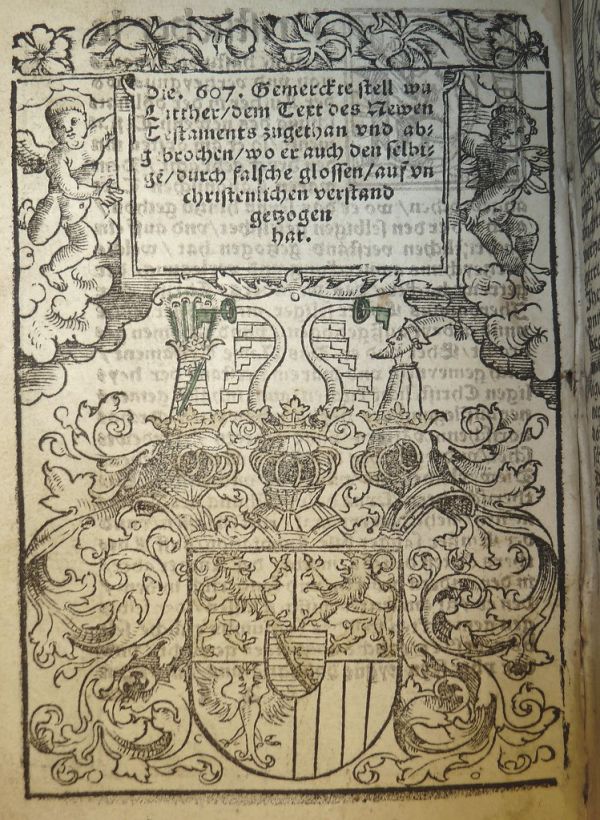 Woodcut containing coat of arms of George the Bearded (1471-1539), Duke of Saxony. Used by Valentin Schumann of Leipzig.