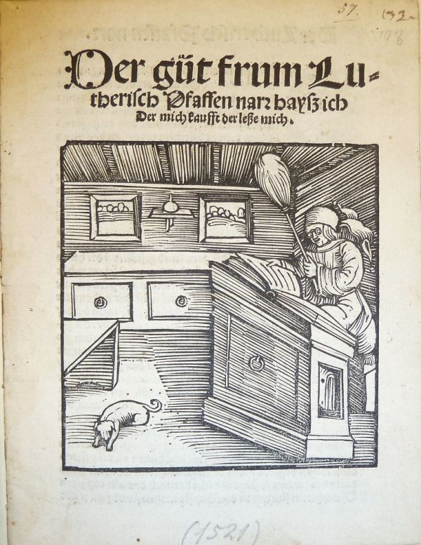 Woodcut, depicting a scholar wearing spectacles and holding a fly-swatter, attributed to Heinrich Vogtherr