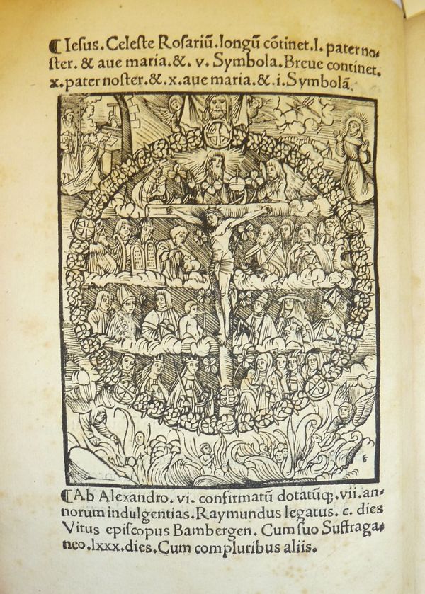 Woodcut depiction of the rosary (with printed instructions for prayer in Latin above) used by Friedrich Peypus of Nuremberg