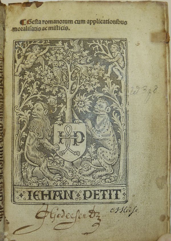 Woodcut device of Jean Petit (with lion and leopard), printer, bookseller and publisher of Paris. Two unidentified ownership inscriptions