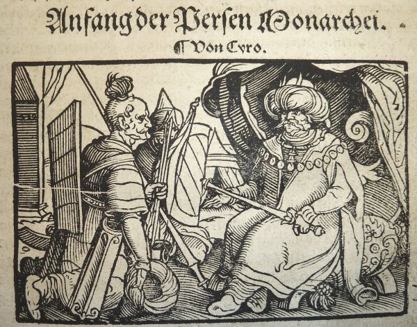 Woodcut illustrating the life of Cyrus, King of Persia. Used by Christian Egenolff of Frankfurt am Main.