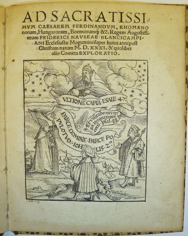 Woodcut illustration in which God the Father, appearing in the sky, threatens vengeance upon the sinful people of the earth, while pope, king, and a well-dressed man with a sword and a hat, beg to be...