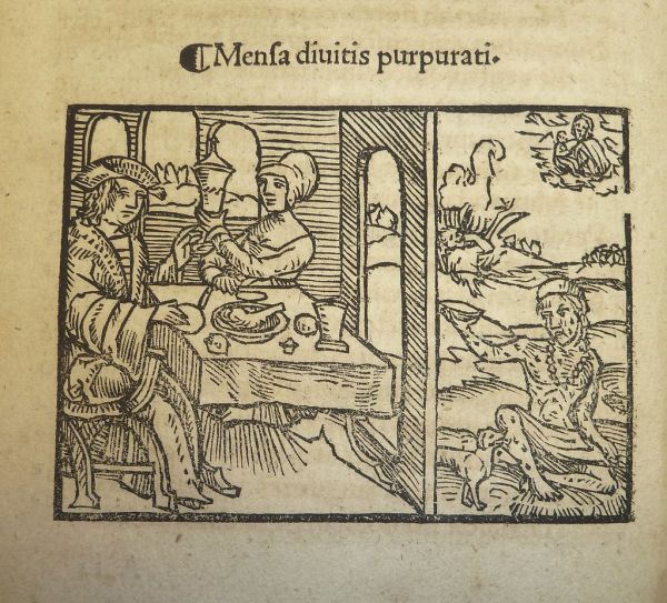Woodcut illustration of a verse retelling of the parable of Dives and Lazarus (Luke 16:19-31) by Jacob Locher. Used by Silvan Otmar of Augsburg.