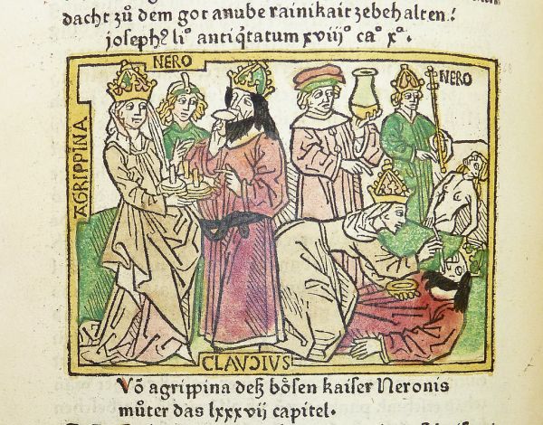 Woodcut illustration of Agrippina Minor, Nero and Claudius