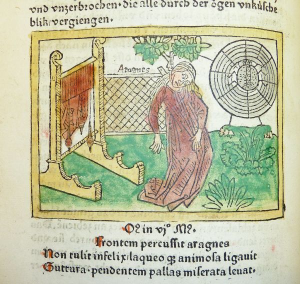 Woodcut illustration of Arachne's suicide
