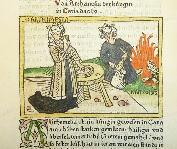 Woodcut illustration of Artemisia II of Caria drinking the ashes of her husband Mausolus