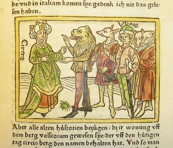 Woodcut illustration of Circe and Odysseus with men transformed into animals
