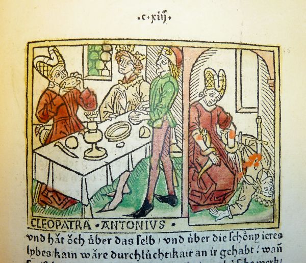 Woodcut illustration of Cleopatra and Mark Antony