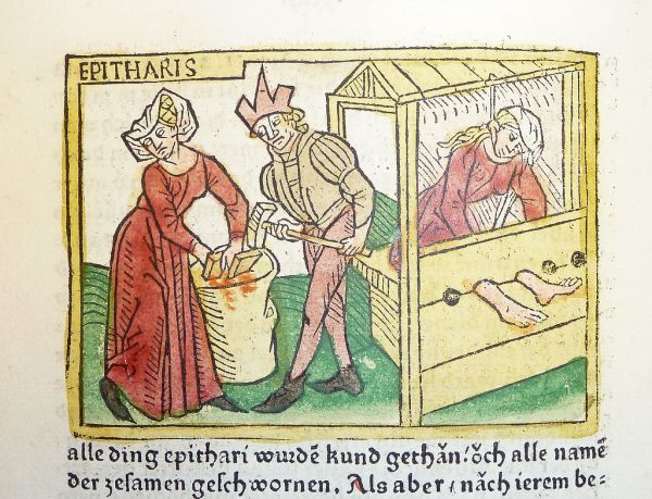 Woodcut illustration of Epicharis (of the Pisonian conspiracy)