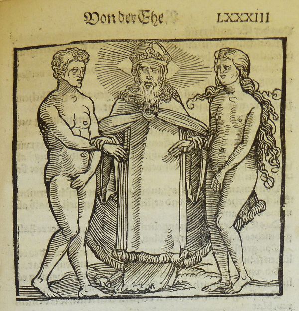 Woodcut illustration of God joining man and woman (or possibly Adam and Eve, specifically) in marriage, used by Heinrich Stayner of Augsburg
