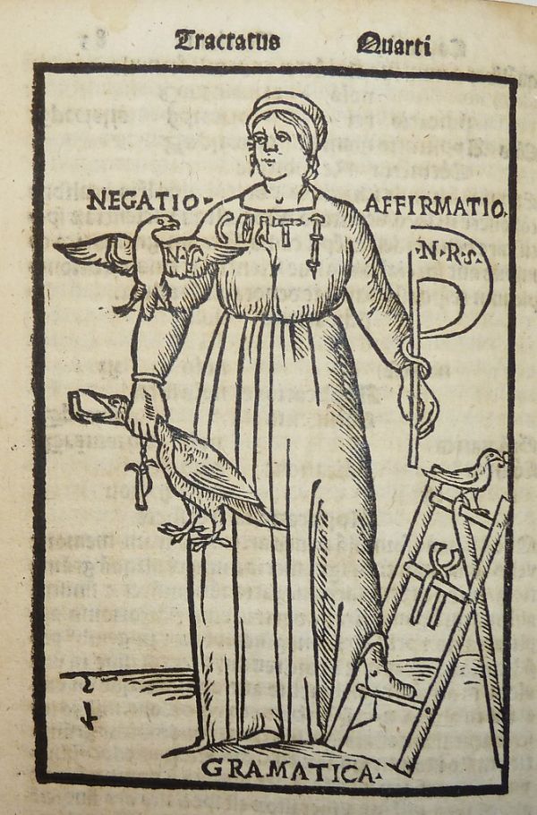 Woodcut illustration of Grammar as a memory image from Johann Horst von Romberch's work on memory, Congestorium artificiose memorie (Venice: Melchiorre Sessa, 1533)