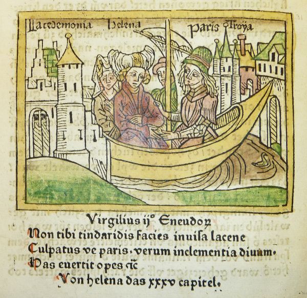Woodcut illustration of Helen and Paris