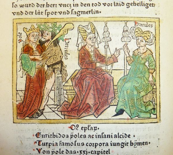 Woodcut illustration of Hercules (dressed as both a man and a woman) and Iole