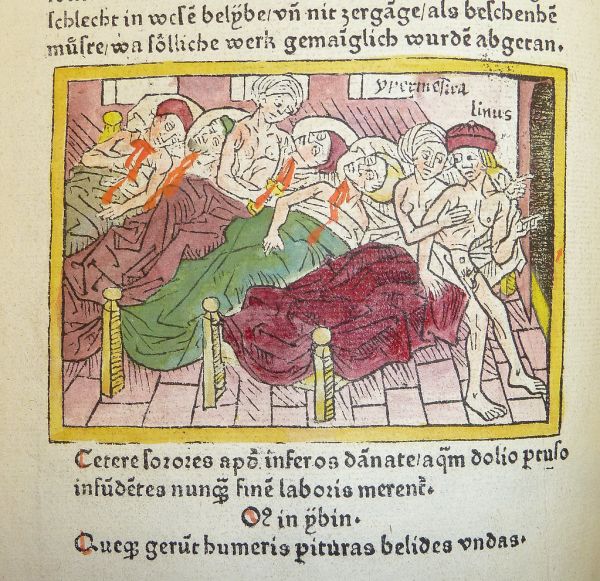 Woodcut illustration of Hypermnestra, Lynceus (or Linus) and the Danaïdes