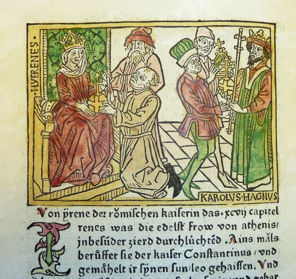 Woodcut illustration of Irene, Empress of the East, and Charlemagne