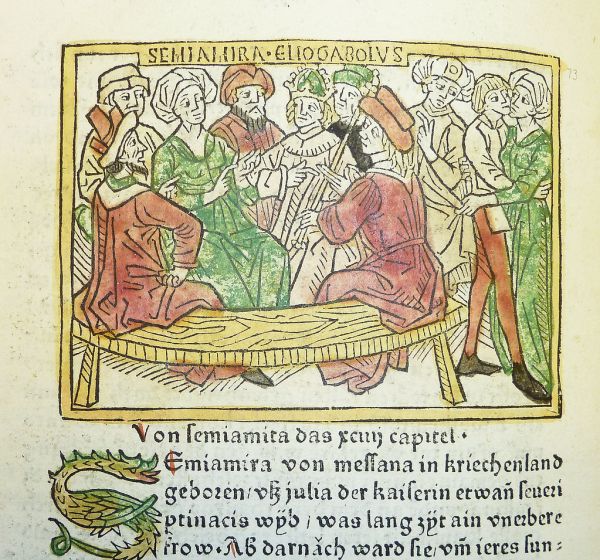 Woodcut illustration of Julia Soaemias Bassiana (or Julia Symiamira) and her son Elagabalus