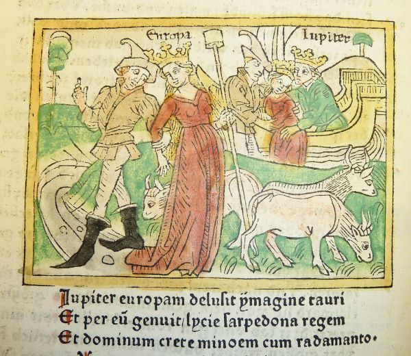 Woodcut illustration of Jupiter and Europa