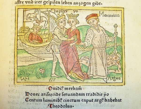 Woodcut illustration of Jupiter and Io with Mercury and a drowsing Argus