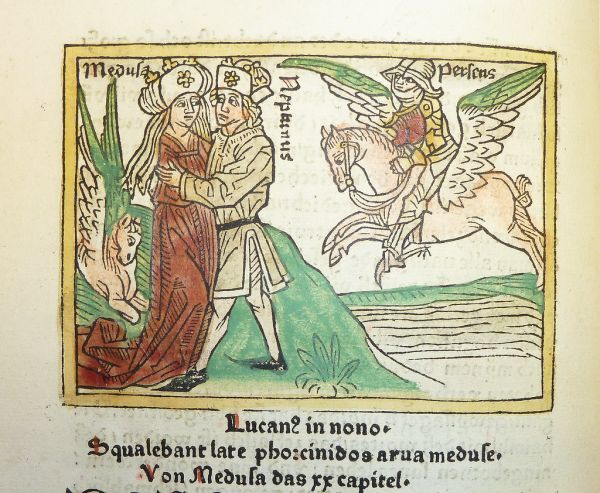 Woodcut illustration of Medusa and Neptune embracing beside a winged horse (either Pegasus or Chrysaor), with Perseus mounted upon Pegasus (following later developments of the Perseus legend) in the b...