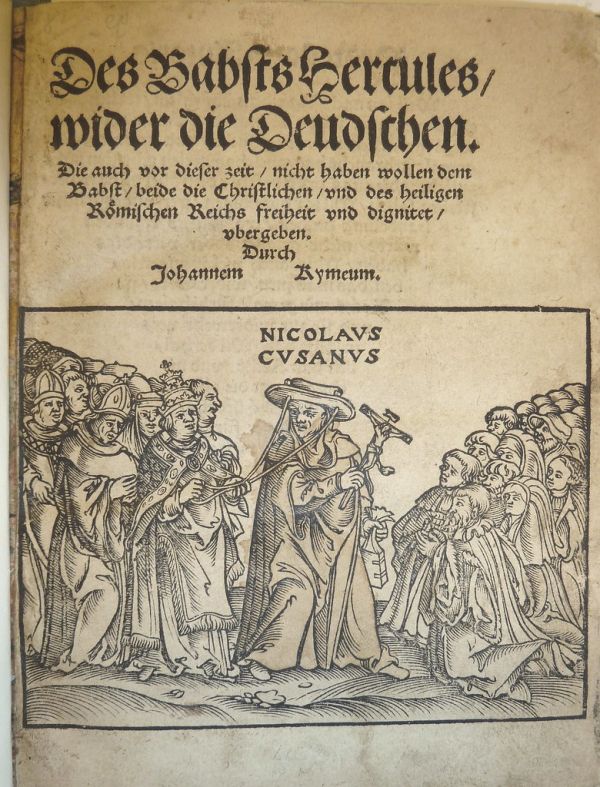 Woodcut illustration of Nicholas of Cusa (1401-1464), cardinal, theologian and envoy of Pope Eugene IV, holding a girdle book. Used by Georg Rhaw of Wittenberg