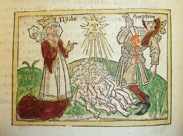 Woodcut illustration of Niobe, Amphion and their dead sons