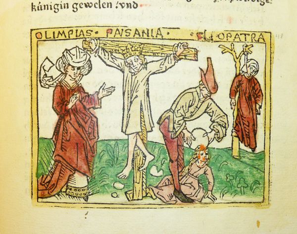 Woodcut illustration of Olympias, wife of Philip II of Macedon, and the deaths of Pausanias and of Cleopatra and her daughter