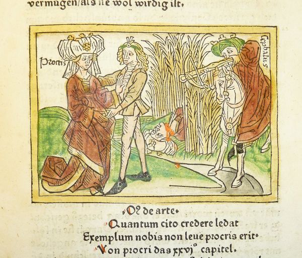 Woodcut illustration of Procris and Cephalus