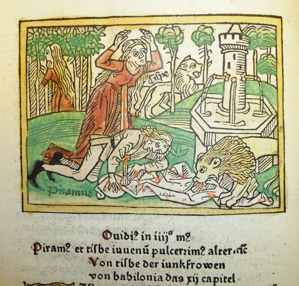 Woodcut illustration of Pyramus and Thisbe