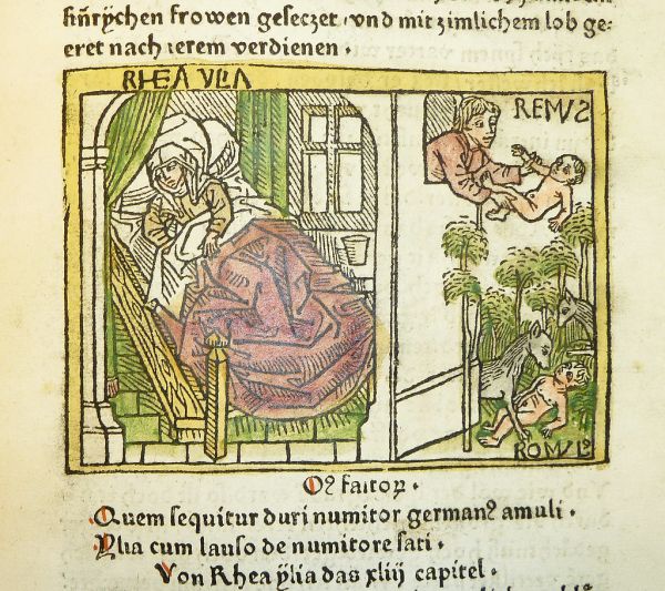 Woodcut illustration of Rhea Silvia and the birth of Romulus and Remus