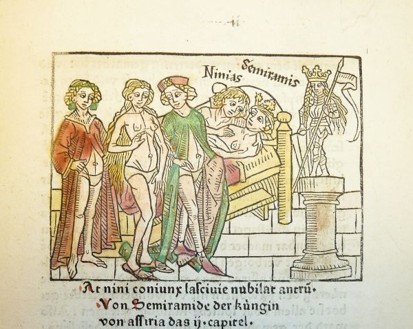 Woodcut illustration of Semiramis and her son Ninias