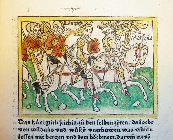 Woodcut illustration of the Amazons Lampedo and Marpesia