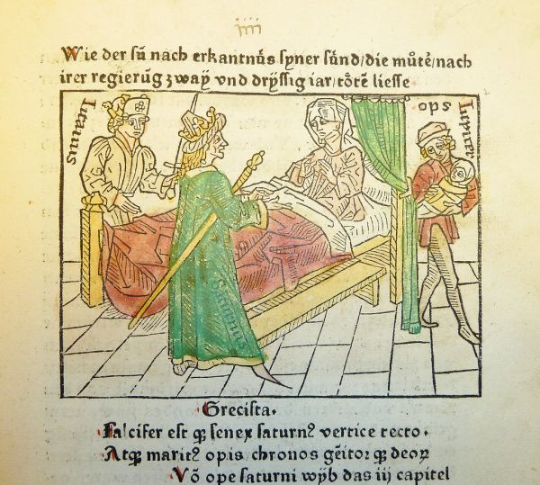 Woodcut illustration of the birth of Jupiter to Ops with Saturnus and Titanus present